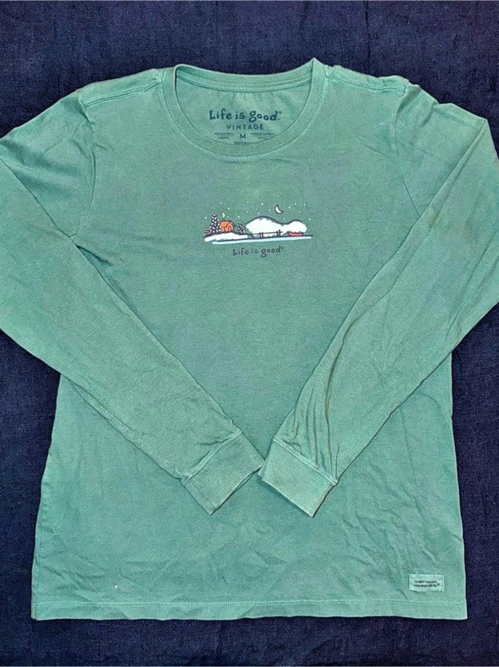 Life is Good Long Sleeve Crusher Tee - Winter Cabin Scene Green Medium